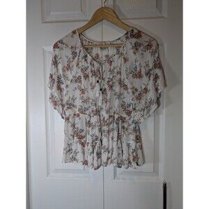 Rewind Women's Crop Top Boho Floral Short Sleeve Shirt Size XS